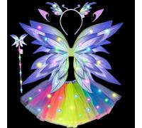 Mishopy Disfraz de Hada Niña Luminoso LED Alas de Hada Alas de Mariposa con Falda Tutu Varita Mágica Diadema y Orejas de Elfo, Disfraz para Carnaval Halloween (Morado)