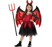 Mishopy Disfraz Diablo Niña Disfraz Halloween Alas de Diablo Capa con Diadema de Cuernos Diablesa y Tridente Vestido de Demonio para Carnaval Cumpleaños Navidad Cosplay (M, 5-6 Años)