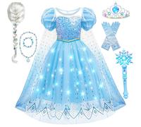 Mishopy Disfraz Princesa Niña Light Up Elsa Vestido Disfraz Niña con Vestido Luminoso de Reina Corona Varita Mágica Collares Guantes para Juego de Rol Carnaval Boda Fiesta de Cumpleaños (140)