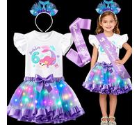 Mishopy Luminosa LED Disfraz Sirena Niña, Cumpleaños Camisa, Tutu Falda Tul Colores, Diadema Sirena, Banda Birthday Vestido Carnaval Disfraz para Navidad Cumpleaños Halloween (6 Años)