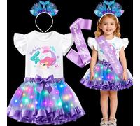 Mishopy Luminosa LED Disfraz Sirena Niña, Cumpleaños Camisa, Tutu Falda Tul Colores, Diadema Sirena, Banda Birthday Vestido Carnaval Disfraz para Navidad Cumpleaños Halloween (4 Años)