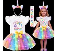 Mishopy Luminosa LED Disfraz Unicornio Niña, Cumpleaños Camisa, Tutu Falda Tul Colores, Diadema Unicornio, Banda Birthday Vestido Carnaval Disfraz para Navidad Cumpleaños Halloween (4 Años)