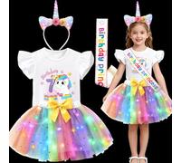 Mishopy Luminosa LED Disfraz Unicornio Niña, Cumpleaños Camisa, Tutu Falda Tul Colores, Diadema Unicornio, Banda Birthday Vestido Carnaval Disfraz para Navidad Cumpleaños Halloween (7 Años)