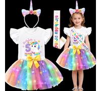 Mishopy Luminosa LED Disfraz Unicornio Niña, Cumpleaños Camisa, Tutu Falda Tul Colores, Diadema Unicornio, Banda Birthday Vestido Carnaval Disfraz para Navidad Cumpleaños Halloween (5 Años)