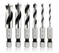 MISIQIMA Juego de 6 brocas hexagonales para madera con un diámetro de vástago de 6,35 mm, juego de brocas antideslizantes para madera con punta de centrado, salida de virutas de doble ranura, para