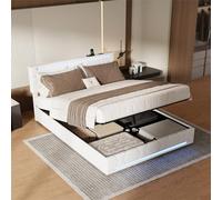 MISNODE Cama con almacenamiento acolchada de 140 x 200 cm, cama de matrimonio con luces LED y puerto USB, estructura de camas de lino con somier de láminas, para adultos y adolescentes, beige (beige-A