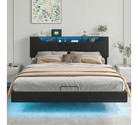 MISNODE Cama de matrimonio acolchada de poliuretano con LED y toma USB, base de madera y baúl contenedor, 140 x 200 cm, color negro (140 x 200 cm)