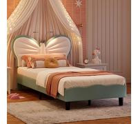 MISNODE Cama infantil 90 x 200 cm, cama princesa acolchada con lector y somier de láminas, cabecero de diseño de mariposa, ajustable en altura, para niña adolescente, sin colchones, modelo mariposa