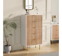 MISNODE Cómoda de 5 cajones, armario cajonera de madera con guías metálicas, 60 x 34 x 110 cm, cómoda para entrada, cómoda para ahorrar espacio para dormitorio, color natural + blanco, 5 cajones