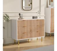 MISNODE Cómoda de 6 cajones, armario cajonera de madera con guías metálicas, 100 x 34 x 73 cm, cómoda para entrada, cómoda para ahorrar espacio para dormitorio, color natural + blanco, 6 cajones