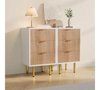 MISNODE Juego de 2 mesitas de noche cajones, cómoda de 3 cajones, armario cajonera de madera con guías metálicas, 60 x 34 x 110 cm, cajonera ahorra espacio para dormitorio (natural + blanco, 3 cajones