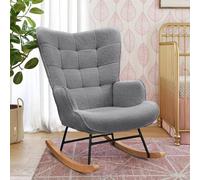 MISNODE Mecedora gris oscuro con marcos híbridos de metal y madera maciza, mecedora de forro polar de peluche, respaldo alto, silla relajante con diseño copetudo