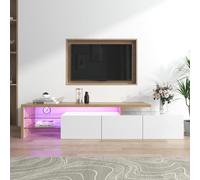 MISNODE - Mueble para TV LED, mueble de TV blanco y madera, mueble Tele Design con luces LED, almacenamiento práctico, banco de TV para sala de estar o dormitorio, 197,5 x 39 x 42 cm (blanco -A01)