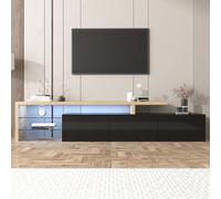 MISNODE - Mueble para TV LED, mueble de TV negro y madera, mueble Tele Design con luces LED, almacenamiento práctico, banco de TV para salón o dormitorio, 197,5 x 39 x 42 cm (negro-A01)