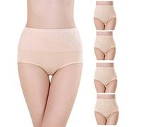 Misolin Bragas Talle Alto Algodón para Mujer Cómodo elástico Bragas Pantalones de Mujer Beige Pack de 4 Tag 4XL