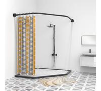 Misounda Barra Cortina Ducha Trapezoidal, Barra Ducha Curva de Acero Inoxidable con Anillas, 70x(65-90) x70 cm Barra Angular con Ajustable 180° Base para Bañera Baño