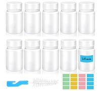 Mispudin 10 Piezas Frascos de Pastillas Blanco, 50ml Botellas de Plástico para Medicinas con Pegatinas, Cepillo Pequeño, Botella de reactivo de Medicina para Píldoras, Tabletas