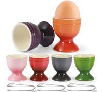 Mispudin 6 Piezas Hueveras de Cerámica, Hueveras de Porcelana Multicolor con 6 Cuchara para Huevos Duros o Blandos, Ø 5cm x 6cm, Huevos Soporte de Porcelana para Mesa de Desayuno, Lavavajillas