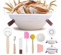 Mispudin Cesta de Fermentación para Pan, Cuerda de Algodón Banetones Redondos para Pan 23cm con asa, Film, Cortador, Mezclador, Espátulas, Rascador, Cepillo, Kit para Principiantes y Panaderos