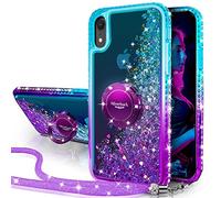 Miss Arts Funda para iPhone XR, [Silverback] Carcasa Brillante Purpurina Liquida con 360 Gradi Anillo Giratorios y Cuerda, Transparente Suave Silicona TPU Cristal Telefono Capa - PÚRPURA
