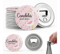 MISS CHAPAS | Pack 20 Abridores Magnéticos Personalizados Bautizo Cigüeña Rosa - Detalle Invitados Bautismo Bebé Niña | Recuerdo Original y Útil | Presentación Individual Lista para Regalar