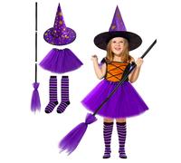 MISS FANTASY Toddler Witch Costume Halloween Witch Costume Accessories Girls Including Witch Hat and Broom Witch Purple Tutu Toddler Striped Witch Soc