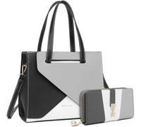 Miss Lulu Bolso de mano de moda para mujer, bolso de hombro con correa ajustable, asa superior, diseño de costuras de color, Bolso gris+monedero gris y blanco, Medium