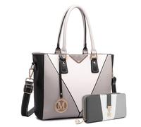 Miss Lulu Look - Bolso de mano en forma de V con monedero para mujer, cartera larga de hombro, tricolor, 2 piezas, ligero, mediano, piel sintética, Juego de bolso gris y monedero gris/blanco