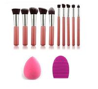 MISS & MAM Kit de brochas de maquillaje con esponja licuadora y cepillo limpiador de brochas de silicona (10 + 2 unidades, rosa/plateado)