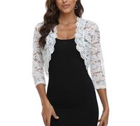 MISS MOLY Bolero para Mujer Festivo con Encaje, Chaqueta Corta para Boda, Manga 3/4, Rebequita de Punto, Top, Blanco, 40-42