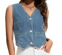 MISS MOLY Gilet da donna casual, in denim, senza maniche, con tasche decorative, scollo a V, in jeans