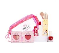 MISS NELLA FESTIVE PICKS - Juego de regalo de maquillaje y esmalte de uñas no tóxico para niños, incluye rubor, sombra de ojos, bálsamo labial, barniz despegable, juego de brochas y bolsa de