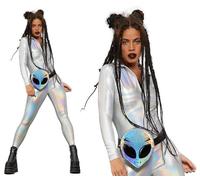 Miss Whiplash Mono Mujer Holografico Cremallera Mono Catsuit Plata Disfraz