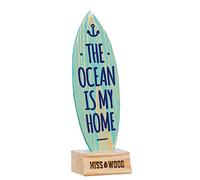 Miss Wood Woody Board - Mini tablita de Surf de Madera, Incluye Soporte con diseño The Ocean is my Home, Color Azul