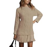 Missactiver Women Crewneck Cable Knit Sweater Mini Dress, Womens Sweater Dress, Patchwork Dresses Long Sleeve (Lightkhaki,S)