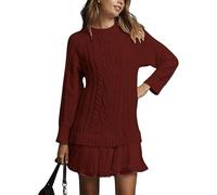 Missactiver Women Crewneck Cable Knit Sweater Mini Dress, Womens Sweater Dress, Patchwork Dresses Long Sleeve (Wine,S)