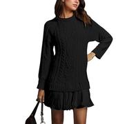 Missactiver Women Crewneck Cable Knit Sweater Mini Dress, Womens Sweater Dress, Patchwork Dresses Long Sleeve (Black,L)
