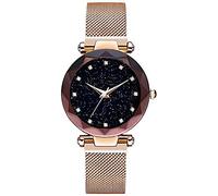 Missfox Relojes de oro rosa para mujeres/señoras, reloj elegante para niñas, cadena analógica, reloj femenino de moda, reloj de mujer con imán de cielo estrellado, correa de puré Stlish para niñas
