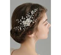 Missgrace Peine lateral plateado para el pelo de novia, diseño de flores, con perlas y diamantes de imitación, accesorio para el cabello para mujer