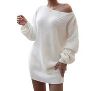 Missionary Otoño e invierno de manga larga con un solo cuello casual suelto de punto vestido de lana para mujer (blanco, L)