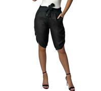 Mississhop Bermudas de lino para mujer, 100% lino, corto, cómodo, pantalones libres, Negro , 34