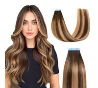 MissMe Tape Ins N - Extensiones de pelo natural Remy de 35 cm, color marrón chocolate con rubio caramelo Balayage #P4/27/T4 Invisible Tape in Extensions en extensiones de pelo humano 40 g 20 unidades