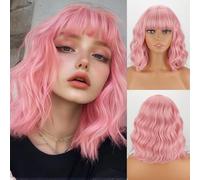 MISSQUEEN Peluca ondulada color rosa claro con flequillo, 30,5 cm, estilo bob rizada, fibra sintética natural resistente al calor, para mujeres y niñas, ideal para uso diario, fiestas, Navidad