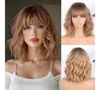 MISSQUEEN Peluca rubia corta con flequillo, peluca sintética rizada, ondulada, color rubio degradado, para mujer, peluca ondulada para uso diario