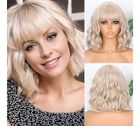 MISSQUEEN Peluca rubia corta tipo bob ondulada con flequillo ligero, peluca rubio ceniza sintética hasta los hombros para mujer, cosplay y disfraces de niñas