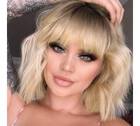 MISSQUEEN Peluca rubia degradada corta ondulada con flequillo, sintética, resistente al calor, para mujer, uso diario, fiesta, Halloween