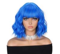 MISSQUEEN Peluca sintética ondulada corta con flequillo, tipo bob hasta los hombros, para mujer y niña, pelucas de colores para disfraces, azul oscuro