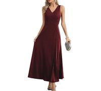 Missufe Elegante vestido cruzado para mujer, vestido de noche, vestido de cóctel, vestido de baile, vestido largo de boda, festivo, cuello en V, con abertura, borgoña, M