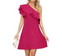 Missufe Vestido corto de verano para mujer, con volantes, con un hombro, asimétrico, hombros descubiertos, vestido corto, Rosa., XL