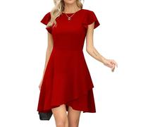 Missufe Vestido de cóctel con cuello redondo para mujer, con volantes, líneas A, vestido de noche, vestido corto de patinador, rojo, XL
